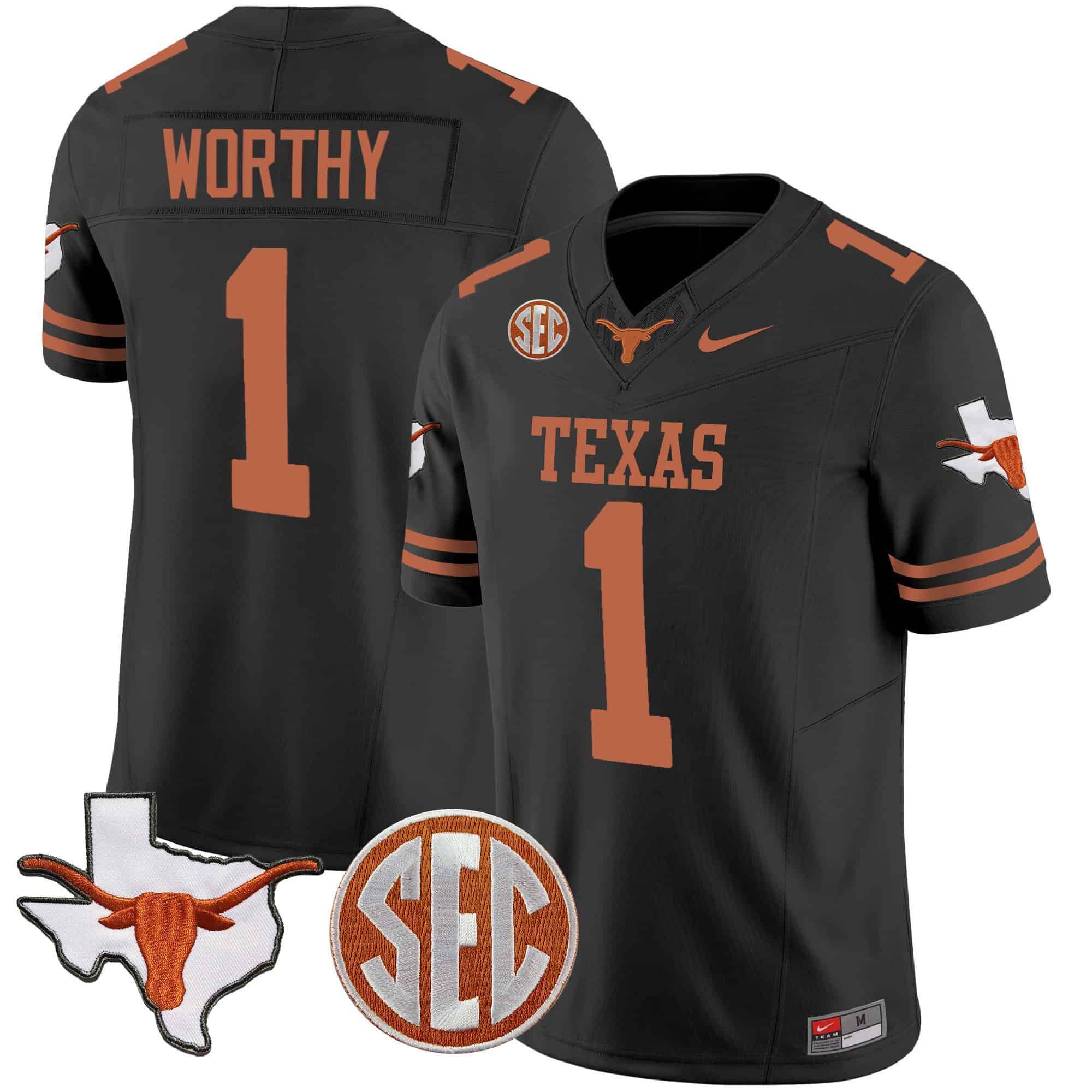 Men Texas Longhorns 1 Worthy Black 2024 Nike State Map & SEC Patch Vapor NCAA Jersey style 1
